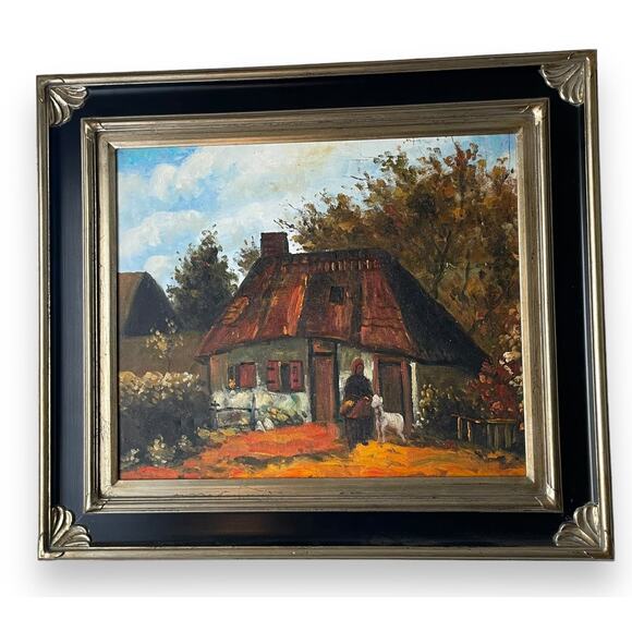OverstockArt.com Other - Vincent Van Gogh Cottage and Woman with Goat Pre-Framed Canvas Oil Painting